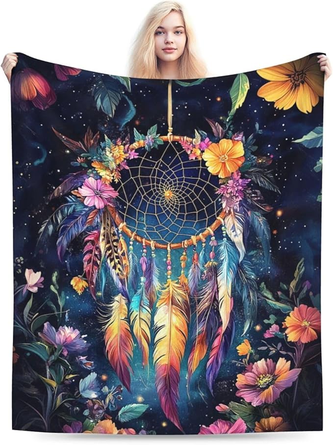 Dream Catcher Blanket Floral Feather Decor Throw Blanket Super Soft Flannel Lightweight Fluffy Plush Cozy Fuzzy Fleece Gifts Blanket for Girl Woman Man Boys Kids Adults for Bed Sofa 60"X80"