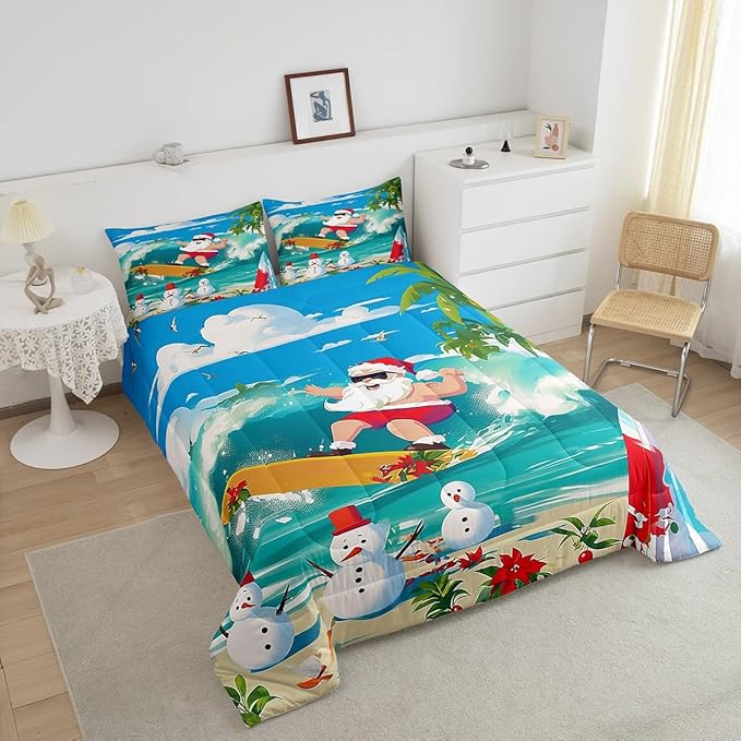 Manfei Christmas Comforter Set Queen Size, Santa Claus Surfing Theme Bedding Set for Kids Boy Girl Room Decor, Beach Snowman Down Comforter for All Season, Soft Polyester Quilt Set, 2 Pillowcases