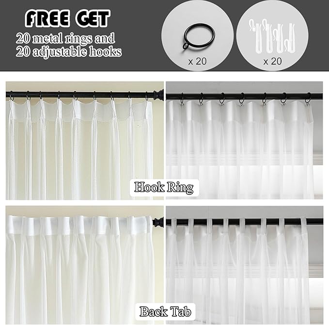 Off White Pinch Pleated Sheer Curtains 90 Inch 2 Panels Custom Long, Thin Textured Linen Look Living Room Drapes Window, Ivory Sliding Glass Door Curtain with Rings & Hooks & Back Tab