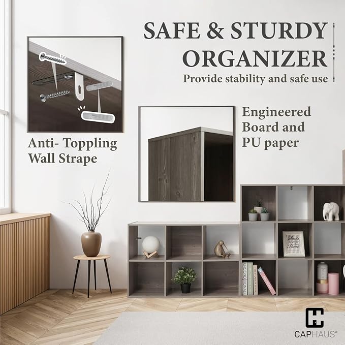 CAPHAUS Sturdy Room 11-Inch Cube Storage Organizer Shelf, with Thick Exterior Edge, Shelf Divider w/Back, Bookcase, 6-Cube / 8-Cube 9-Cube, Colors Available in Rustic Grey Oak and White