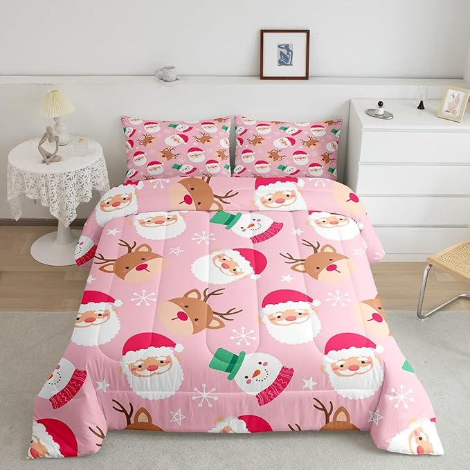 Cartoon Santa Claus Kids Comforter Set Twin Size,Cute Snowman Deer Xmas Bedding Set,Boys Girls Adults Room Decor,Merry Christmas Snowflake Down Comforter,Pink Romantic Duvet Insert,1 Pillowcase
