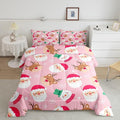 Cartoon Santa Claus Kids Comforter Set King Size,Cute Snowman Deer Xmas Bedding Set,Boys Girls Adults Room Decor,Merry Christmas Snowflake Down Comforter,Pink Romantic Duvet Insert,2 Pillowcases