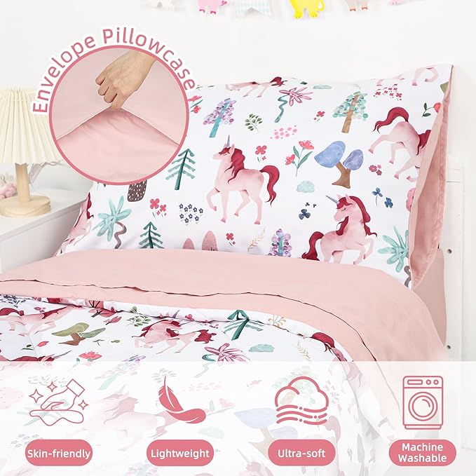Toddler Bedding Set for Girls, Kids Comforter Set Pink Reversible, Ultra Soft & Lightweight Crid Bedding Set Includes Comforter, Flat Sheet, Fitted Sheet, Pillowcase (Forest)
