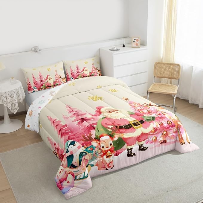 jejeloiu Merry Christmas Comforter Set Toddler Size Santa Claus Bedding Set for Kids Boys Girls Cute Deer Duvet Quilt Beige Bedroom Decor