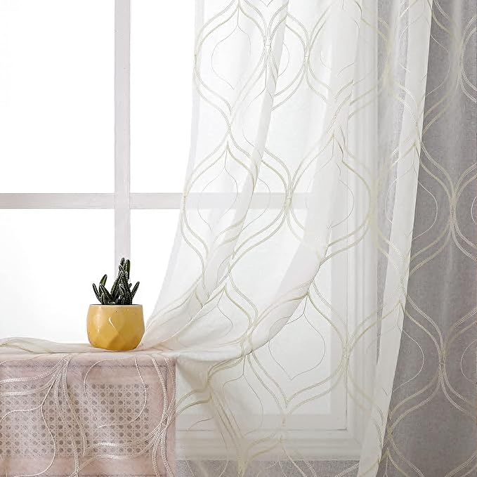 VISIONTEX White Sheer Curtains 120 Inches Long 2 Panels Set Beige Moroccan Embroidered Curtains Trellis French Textured Rod Pocket Voile Tulle Semi Window Drapes for Bedroom Living Room 54 x 120 Inch