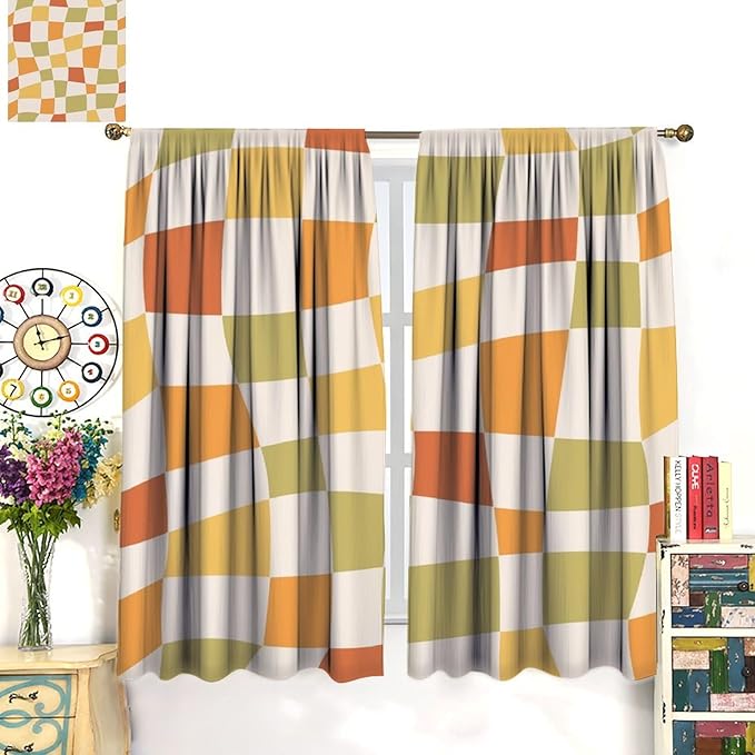 Orange Checkered Curtains,70s Vintage Twisted Checkered Window Drapes Colorful Groovy Trendy Wavy Hippie Grid Print Window Treatments for Kids Girls Bedroom Living Room Bathroom 42"W X 45"L
