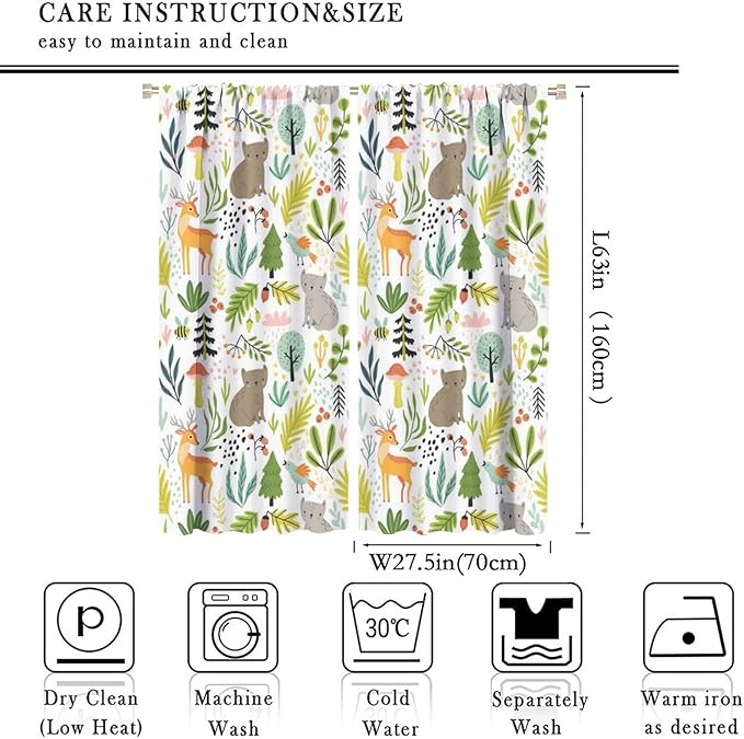 Cartoon Forest Kids Blackout Curtains,Cute Woodland Wild Animals Colorful Deer Plants Trees Print Pattern Thermal Insulation Window Drapes for Nursery Boys Girls Bedroom,White Background 55x63in