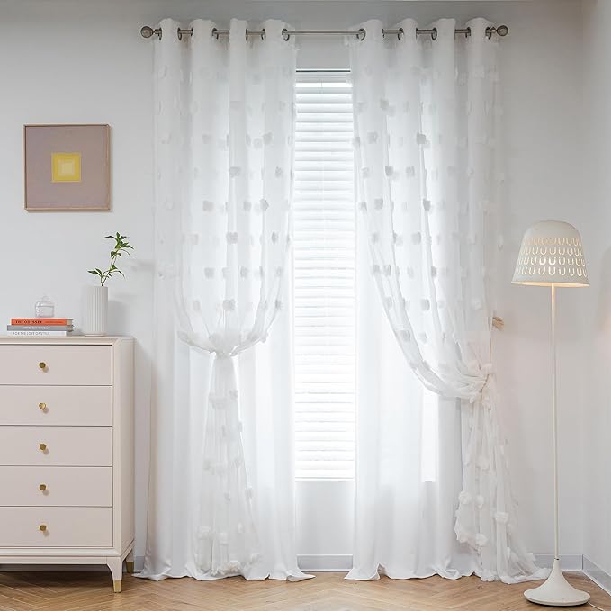 MYSKY HOME White Curtains for Bedroom 63 Inch Long Double Layer Curtains for Kids Room Kithen White Pom Pom Sheer Nursery Curtains Grommet Room Darkening Window Curtains 2 Panels Set, 52 x 63 Inch