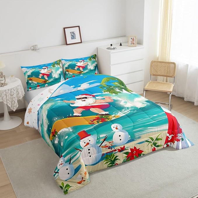 Manfei Christmas Comforter Set Full Size, Santa Claus Surfing Theme Bedding Set for Kids Boy Girl Room Decor, Beach Snowman Down Comforter for All Season, Soft Polyester Quilt Set, 2 Pillowcases