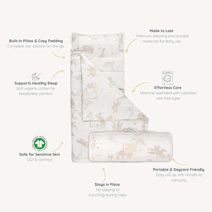 Makemake Organics GOTS Certified Organic Cotton Nap Mat with Detachable Pillow for Kids Soft Sleeping Bag for Toddlers, Boys, Girls - Ideal for Daycare, Preschool, Kindergarten