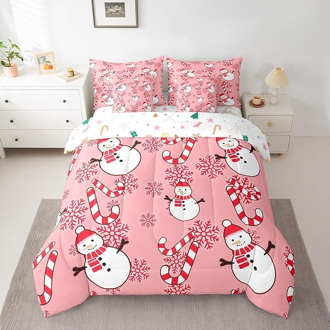 Christmas Kids Bedding Set Cartoon Snowman Comforter Set with Sheets for Boys Girls Snowflake New Year Decor Bed in a Bag Pink Xmas Theme Bed Set 7Pcs King Size