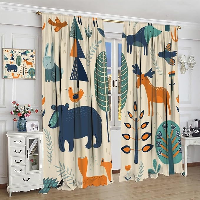 Kids Forest Animal Curtains, Rustic Cartoon Cute Wild Animal Window Treatments Woodland Safari Animal Fox Deer Bear Window Drapes for Girls Boys Nursery Toddler Bedroom 72x63in