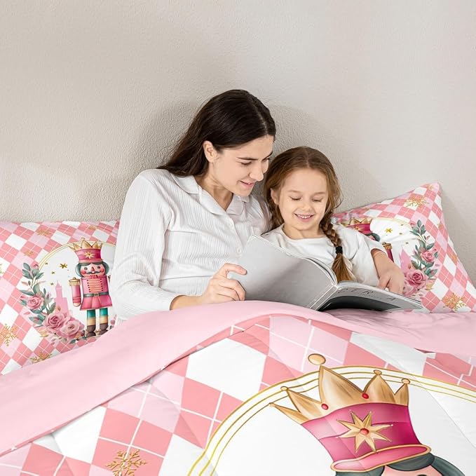 Feelyou Christmas Comforter Set Twin Size Pink Nutcrackers Bedding Set for Kids Boys Girls Rhombus Pattern Duvet Quilt Floral Bedroom Decor Snowflake Microfiber 2 Pcs with 1 Pillow Cases