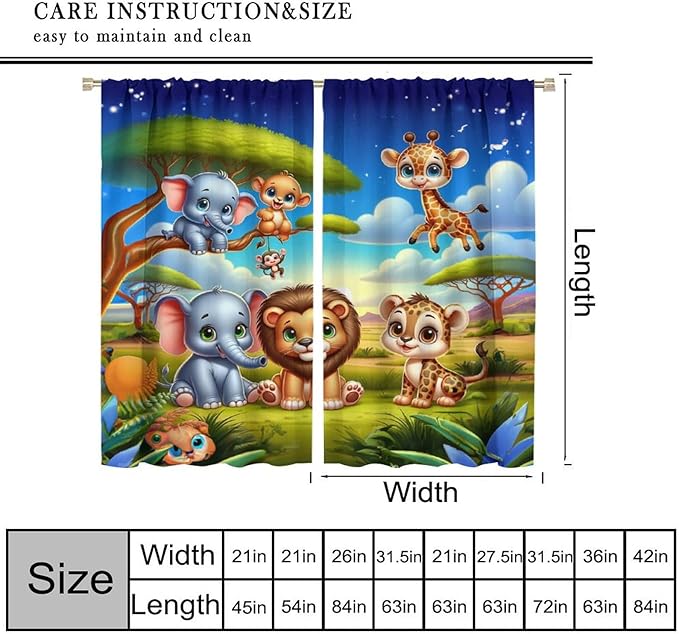 Jungle Safari Window Curtains for Kids Boys Girls Watercolor Cartoon Forest Animals Baby Living Room Bedroom Nursery Toddler Rod Pocket Drapes 63" W X 63" L