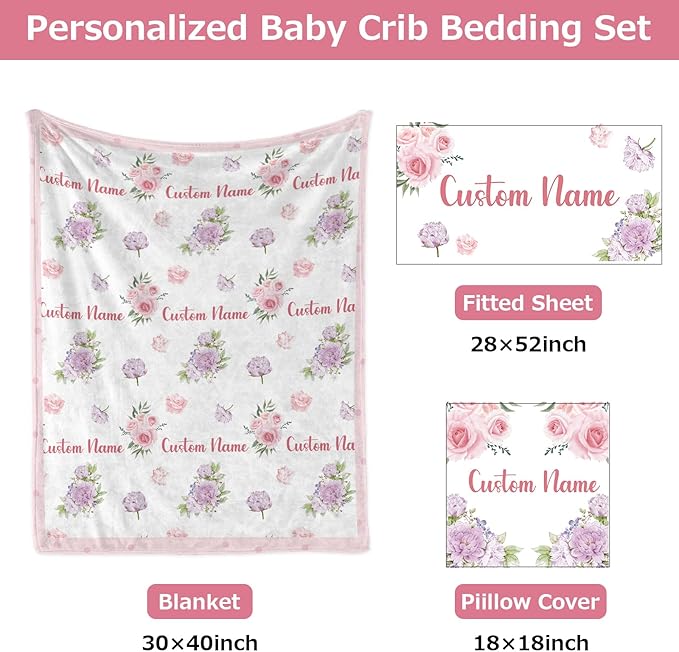 Personalized Baby Crib Bedding Set,3 Piece Custom Name Nursery Set with Blanket, Fitted Sheet & Pillowcase for Baby Girls & Boys, Floral Theme(Fixed Size)