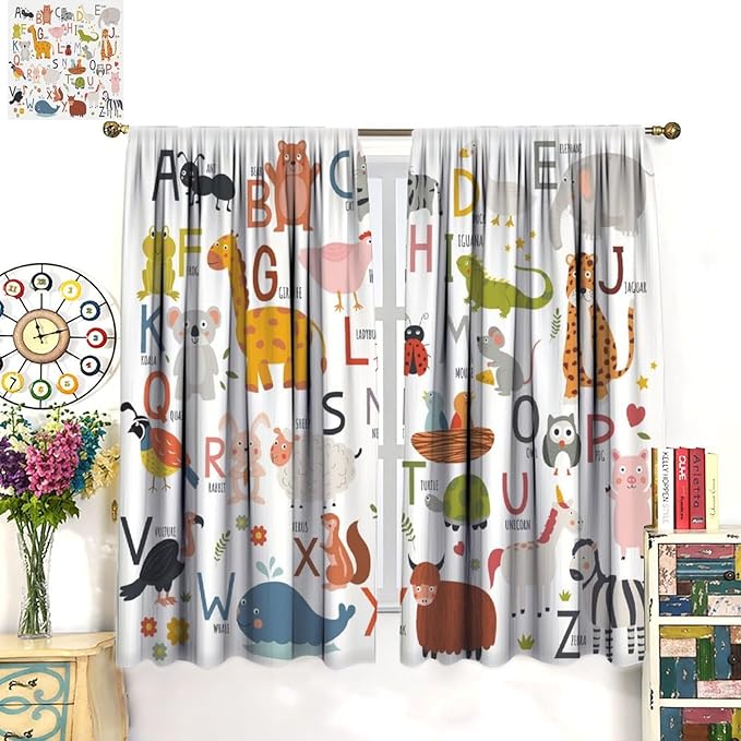Alphabet Kids Learning Curtains Cartoon Animal Baby Boys Child Educational Curtain with Rod Pocket for Bedroom Nursery Home Decor Drapes Window Treatments 2 Panels Set 63" W X 63" L