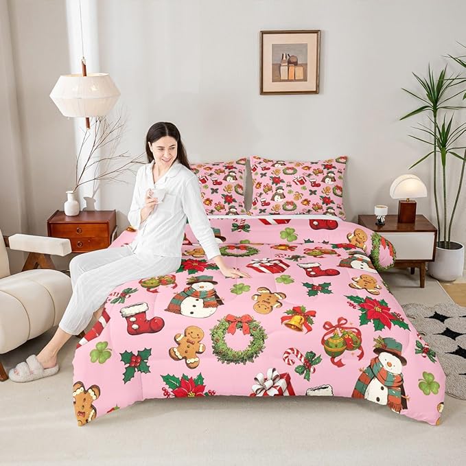 jejeloiu Merry Christmas Comforter Set King Size Cute Snowman Bedding Set for Kids Boys Girls Gingerbread Man Duvet Quilt Pink Bedroom Decor