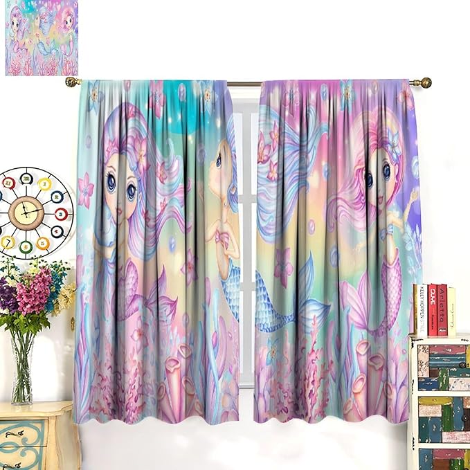 Cartoon Mermaid Kids Curtain Fantasy Ocean Theme Coral Flower Floral Window Treatment for Kids Girls Bedroom Nursery Room Decor Rod Pocket Blackout Window Drapes 52x84in