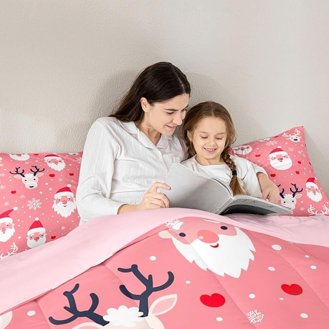 Feelyou Christmas Comforter Set All Season Santa Deer Bedding Set with 2 Pillow Cases Snowflake Microfiber Kids Queen Bedclothes Bedroom Decor Duvet Quilt Breathable Soft Lightweight