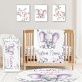 Custom Baby Crib Bedding Set,Personalized Name Light Purple Elephant Nursery Bed Set 4 Piece,Baby Blanket Fitted Sheet Nursery Rug Wall Art Set,Custom Room Decor Idea Gift for Newborns Boys Girls