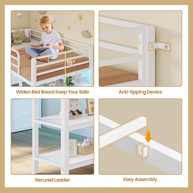 BTHFST Low Loft Bed Twin Size with 6 Storage Drawers, LED Lights, 2 Tier Storage Shelves, Kids Metal Loft Bed with 15" H Stairs & Safety Guardrail, Spave Saving, White