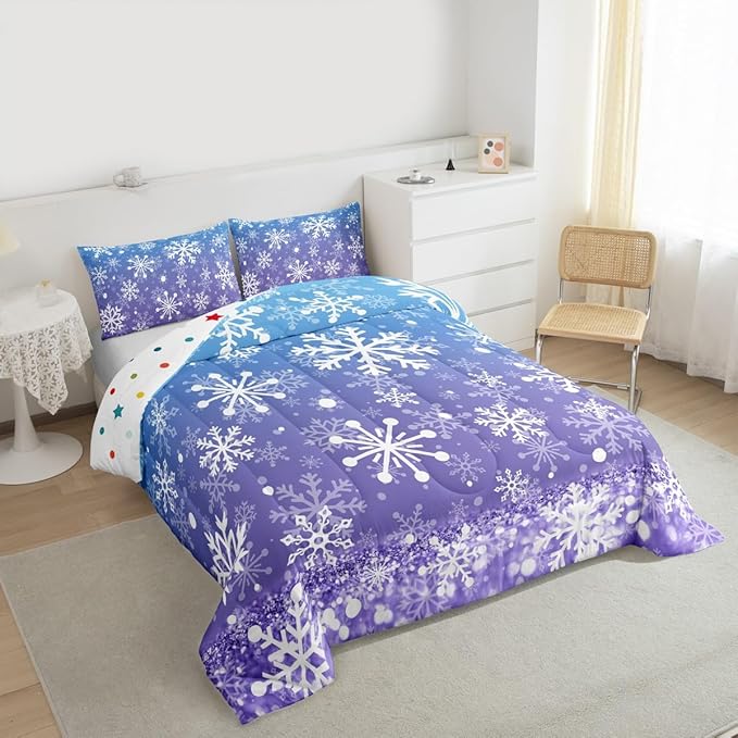 Feelyou Blue and Purple Snowflake Bedding Set Soft for Boys Girls, Winter Snowflake Comforter Set Full Size Christmas Duvet Quilt Microfiber Holiday New Year Bedroom Decor 3 Pcs with 2 Pillow Cases