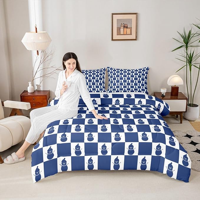 Feelyou Christmas Comforter Set All Season Checkered Bedding Set with 2 Pillow Cases Snowman Kids King Bedclothes Xmas Decorations Bedroom Decor Blue Duvet Quilt Breathable Soft Lightweight
