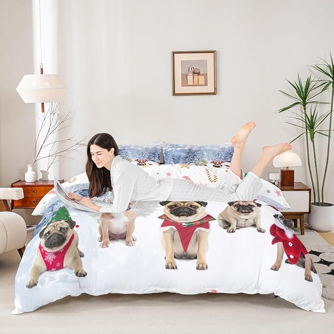Feelyou Dog Xmas Duvet Cover Cute Pug Dog Christmas Tree Style Bedding Set 3D Animal Comforter Cover for Boys Girls Children Teens Bedroom Decor White Blue Bedspread Cover Toddler with 1 Pillow Case