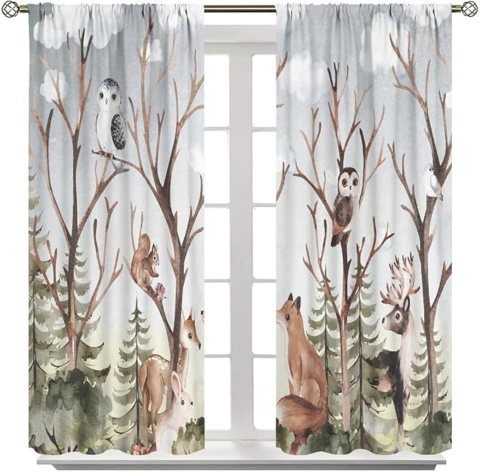 Forest Curtains, Cartoon Woodland Animals Tree Birds Moose Rabbit Mushroom Print Pattern Kids Bedroom Window Treatments Curtains 63x63in