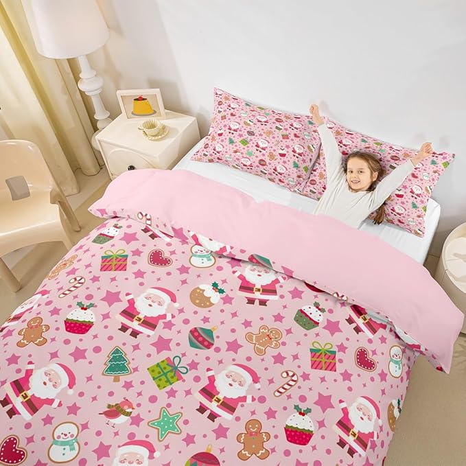 Feelyou Pink Christmas Duvet Cover Twin Size Cartoon Santa Claus Gingerbread Man Bedding Set for Boys Girls Snowman Xmas Decor Comforter Cover Reversible Pink Bedroom Decor 2Pcs