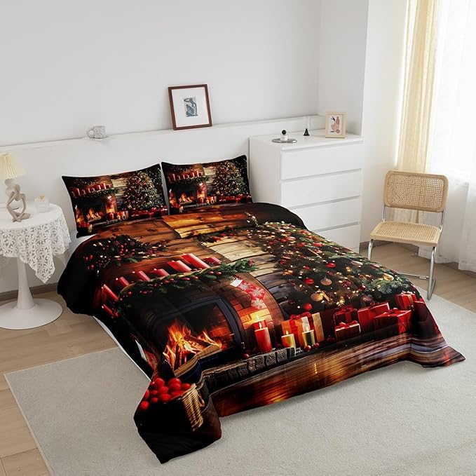 Merry Christmas Comforter Set - Twin Size, 3D Christmas Fireplace & Tree Bedding Set for Kids' Rooms, Xmas Theme Quilt Set (2Pcs), Retro Wooden Stripes Duvet Insert, 1 Pillowcase