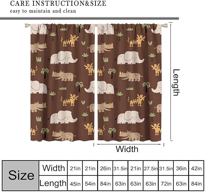 Jungle Safari Animals Blackout Curtains Cartoon Tropical Forest Animals Elephant Tiger Brown Art Print for Kids Boys Bedroom Nursery Rod Pocket Decoration Window Drapes 2 Panels W31.5xL72in