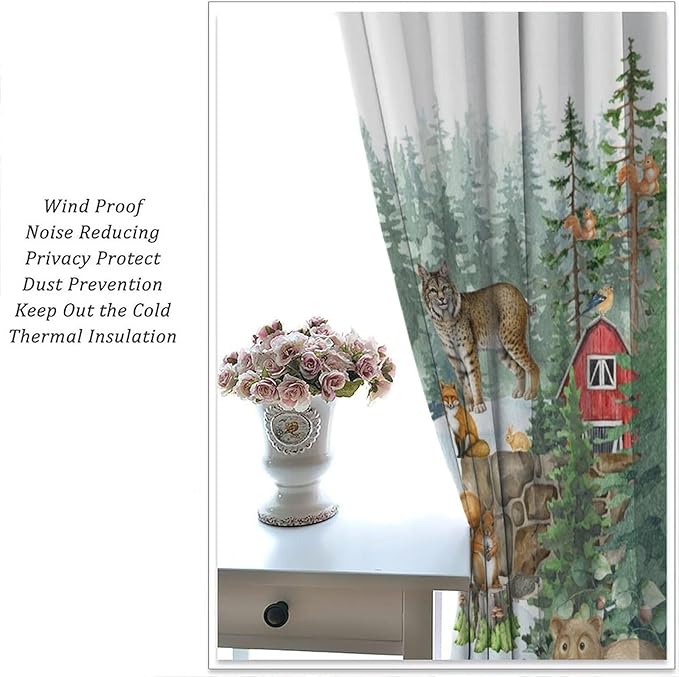 Woodland Animal Curtains, Watercolor Squirrel Hare Bear Bird Pattern Blackout Window Treatments, Rod Pocket Thermal Insulated Drapes 2 Panel Sets for Kids Bedroom Nursery Classroom, 63" W X 72" L
