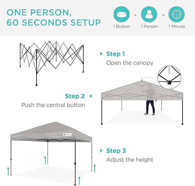 Best Choice Products 12x12ft 1-Person Setup Pop Up Canopy Tent Instant Portable Shelter w/ 1-Button Push, Case, 4 Weight Bags - Light Gray