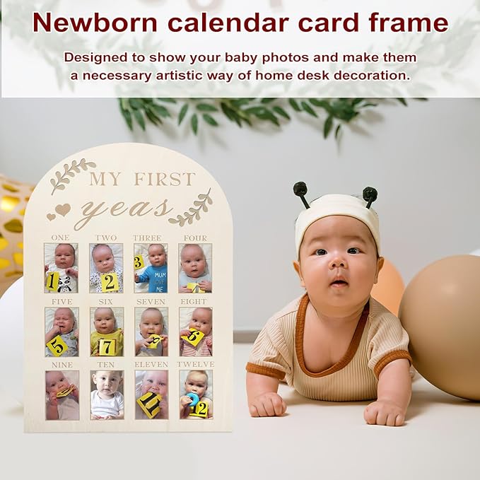First Year Picture Frame Wooden Milestone Photo Board for Nursery Decoration Space-Saving Growth Tracker with Multiple Photo Slots Sturdy Wood Material for Newborn Memories
