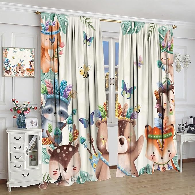 Jungle Safari Curtains, Cute Cartoon Forest Animals Pattern Blackout Window Treatments, Rod Pocket Thermal Insulated Drapes 2 Panel Sets for Children Boys Bedroom Nursery Classroom, 72" W X 63" L