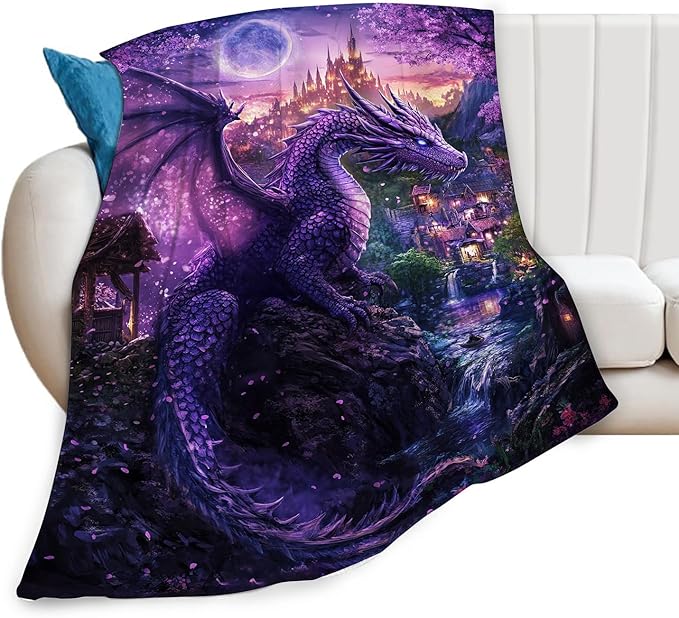 Dragon Blanket Purple Throw Blankets for Girls Boys Soft Warm Cool Mysterious Castle Throws Flannel Fleece Plush Animal Gifts for Kids Men Women Adults for Bed Sofa Bedding Decor 80"x60"