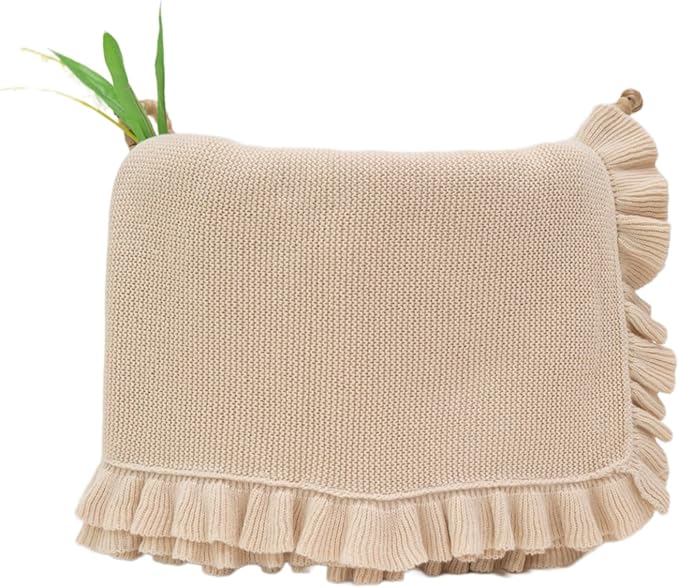 Cotton Baby Blanket with Ruffle Edge Soft Breathable Newborn Blanket for Boys & Girls, Lightweight Knit Throw for Crib, Stroller & Nursery Multiple Colors Available Cream 28x36