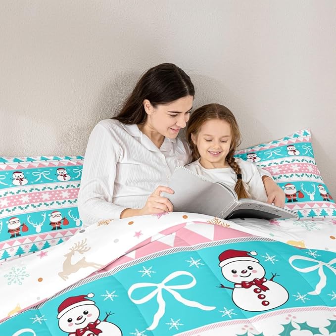 Feelyou Merry Christmas Tree Bedding Set Soft for Boys Girls, Cute Snowman Comforter Set Queen Size Santa Claus Duvet Quilt Microfiber Cartoon Bowknot Bedroom Decor 3 Pcs with 2 Pillow Cases
