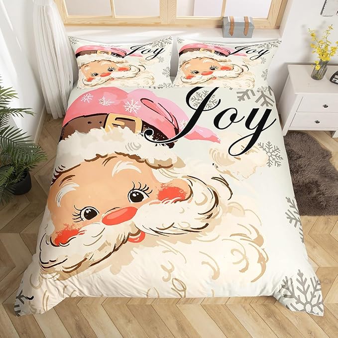 jejeloiu Pink Christmas Bedding Set for Kids Boys Girls Santa Claus Comforter Cover Set Twin Size New Year Decor Duvet Cover Bedroom Decor Xmas Bedspread Cover Bedding Collection 2Pcs