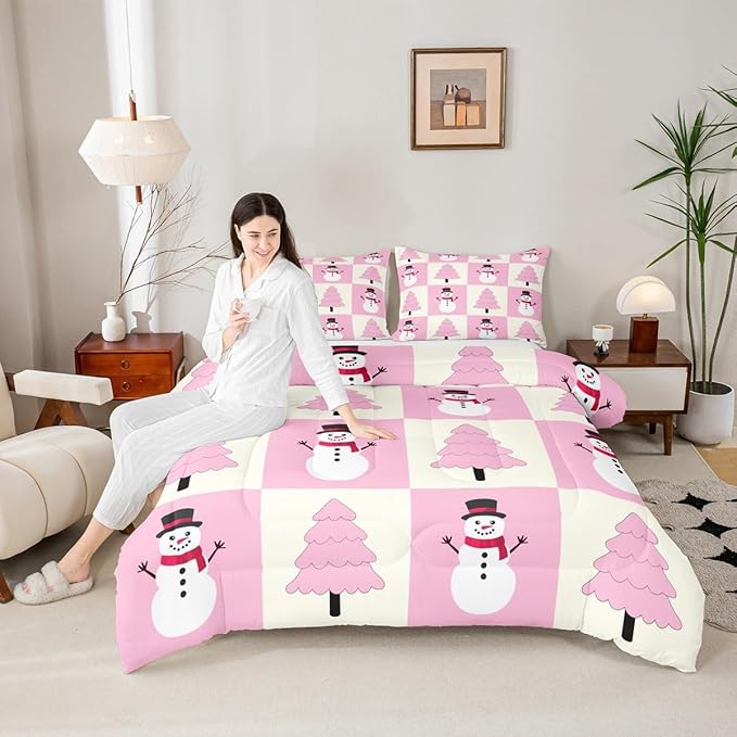 Feelyou Pink Christmas Kids Comforter Set Full Size Snowman Bedding Set Xmas Tree Duvet Quilt for Kids Boys Girls Bedroom Decor Microfiber Ultra Soft Breathable