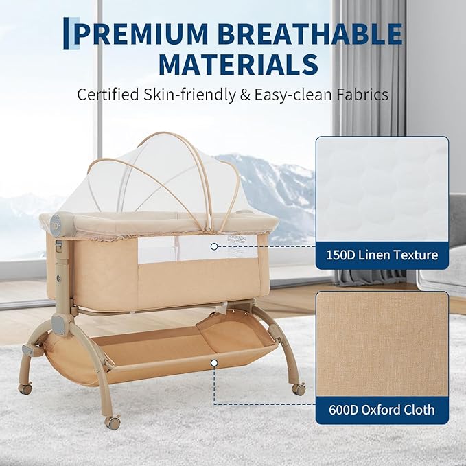 Bedside Bassinet Baby Bassinet for Baby, 3 in 1 Bedside Sleeper with Baby Co-Sleeper Travel Crib with Detachable Mosquito Net & Storage Basket | Adjustable Height, Wheels Included (Khaki)