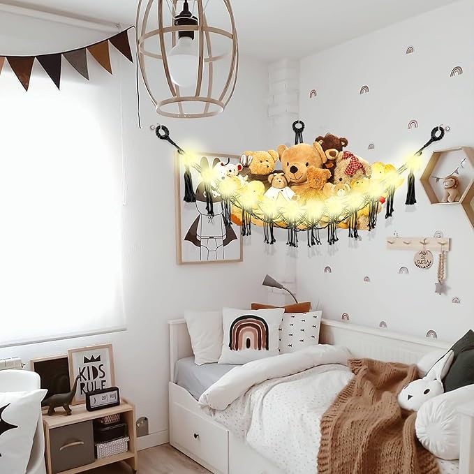Stuffed Animal Hammock with LED Light, Large Stuffed Animals Storage Corner Plushie Net for Kids Room Decor, 2 Packs Black