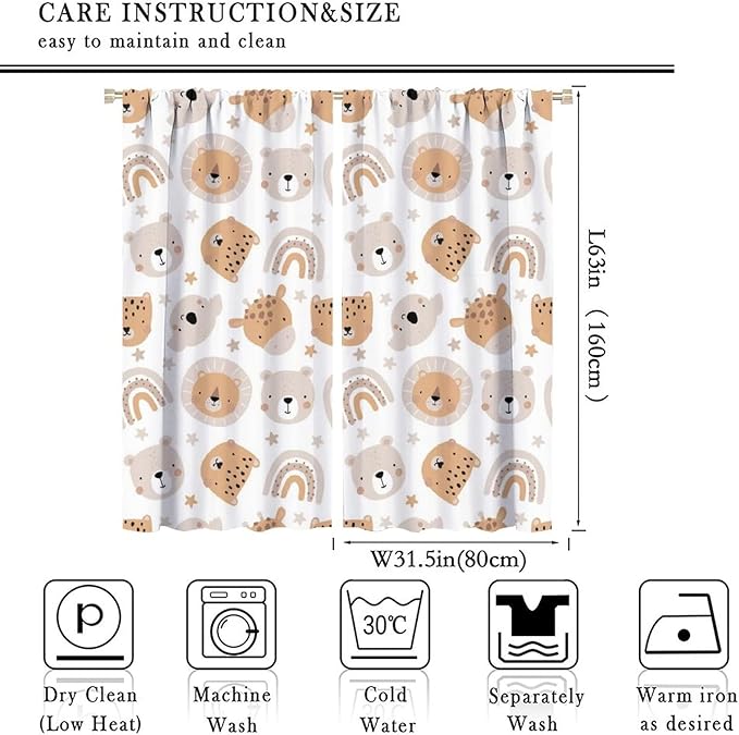 Cartoon Boho Animal Curtains,Funny Forest Safari Print,Cute African Wildlife Koala Giraffe Lion Leopard Bear Rainbow Blackout Window Drapes for Boys Girls Kids Baby Child Bedroom 63x63in