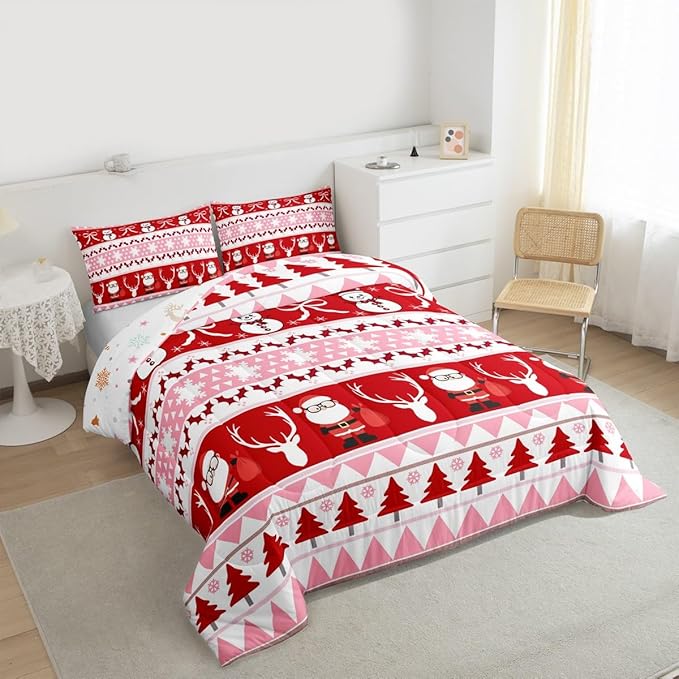 Feelyou Merry Christmas Tree Kids Comforter Set Toddler Size Cute Snowman Bedding Set Santa Claus Duvet Quilt for Kids Boys Girls Bedroom Cartoon Bowknot Decor Microfiber Ultra Soft Breathable