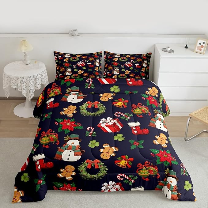 jejeloiu Merry Christmas Comforter Set King Size Cute Snowman Bedding Set for Kids Boys Girls Gingerbread Man Duvet Quilt Dark Blue Bedroom Decor