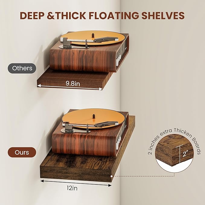 Vivelove 12" Deep Floating Shelves for Wall 36" Long, Wall Shelves for Bedroom Living Room Bathroom Kitchen Laundry Room, Farmhouse Rustic Shelves for Home Decor, 36" X 12" X 2" Set Of 2, Rustic Brown