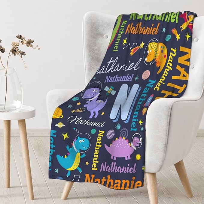 Dinosaur Lover Astronaut Personalized Blanket with Name Custom Dinosaur with Name Flannel Blanket Soft Throw Meaningful Gift for Toddlers Girls Boys Kids Pets 120 * 90" XL for Family