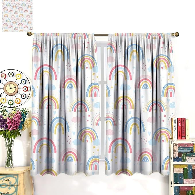 Kids Rainbow Curtains Boho Cartoon Colorful Stars Love Heart Lovely Abstract Art Pattern Print Window Drapes for Girl Bedroom Living Room Kitchen Decor,2 Panel Set,42Wx45H Inch Decor