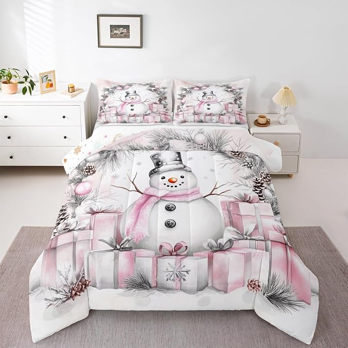 Feelyou Merry Christmas Comforter Set All Season Cute Snowman Bedding Set with 2 Pillow Cases Microfiber Kids Queen Bedclothes Snowflake Bedroom Decor Duvet Quilt Breathable Soft